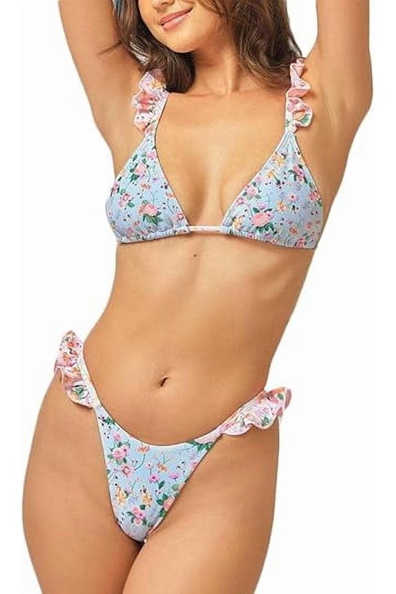 Women's Bikini Set Floral Print 2 Piece Swimsuit Ruffle Trim Triangle Bikini Back Tie Bathing Suit
