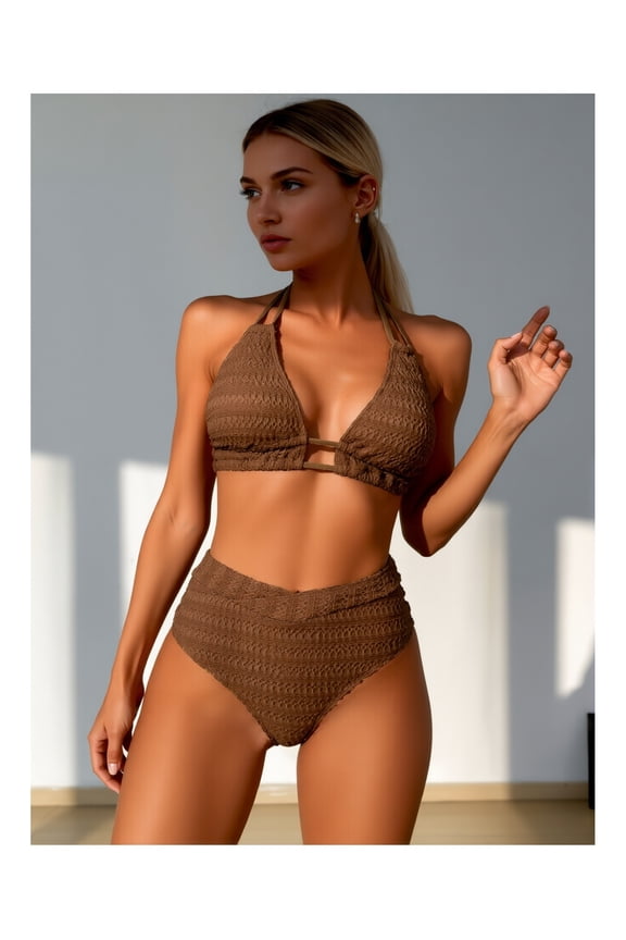 Women's Bikini Set Mocha Brown - Halter Swimsuit, Textured Cutout High Waist Two Piece Bathing Suit, Summer Beach Pool Swimwear for Women