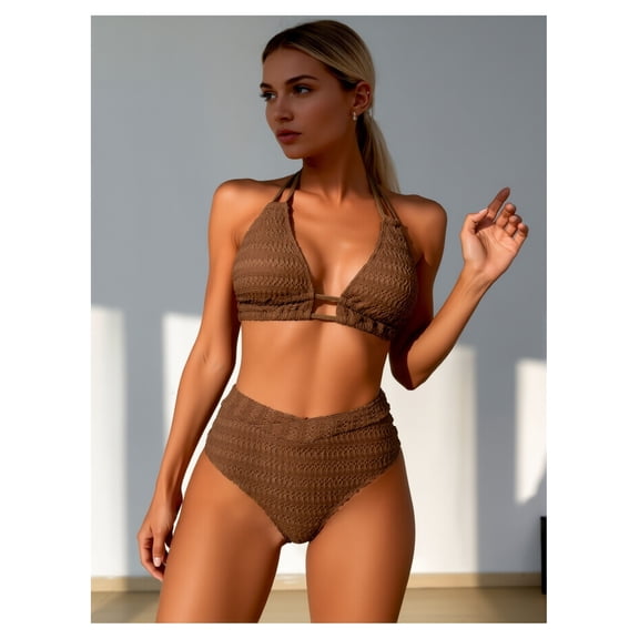 Women's Bikini Set - Mocha Brown Textured Halter Swimsuit, Cutout High Waist Two Piece Bathing Suit, Summer Beach Pool Swimwear for Women