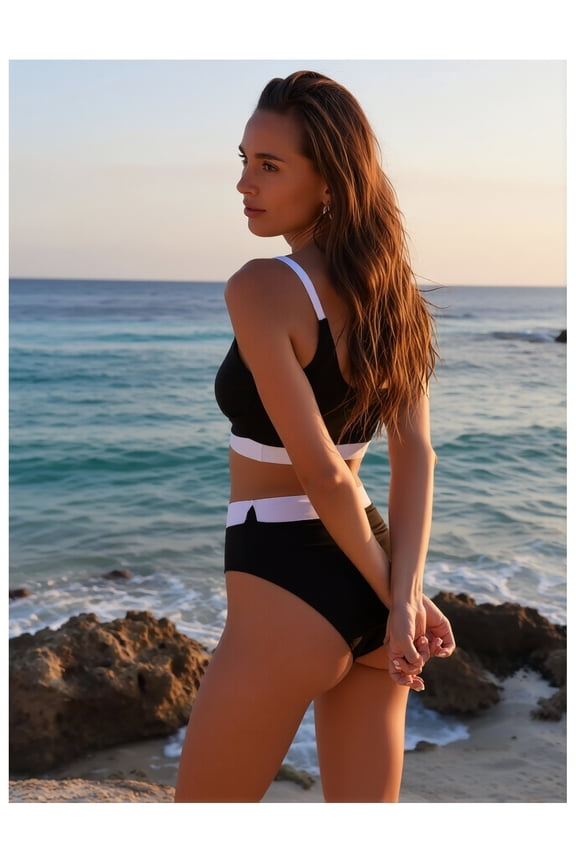 Women's Bikini Set Rose Red Pink Color Block High Waisted - Backless Two Piece Swimsuit for Beach, Pool, Spring Break, Bathing Suit