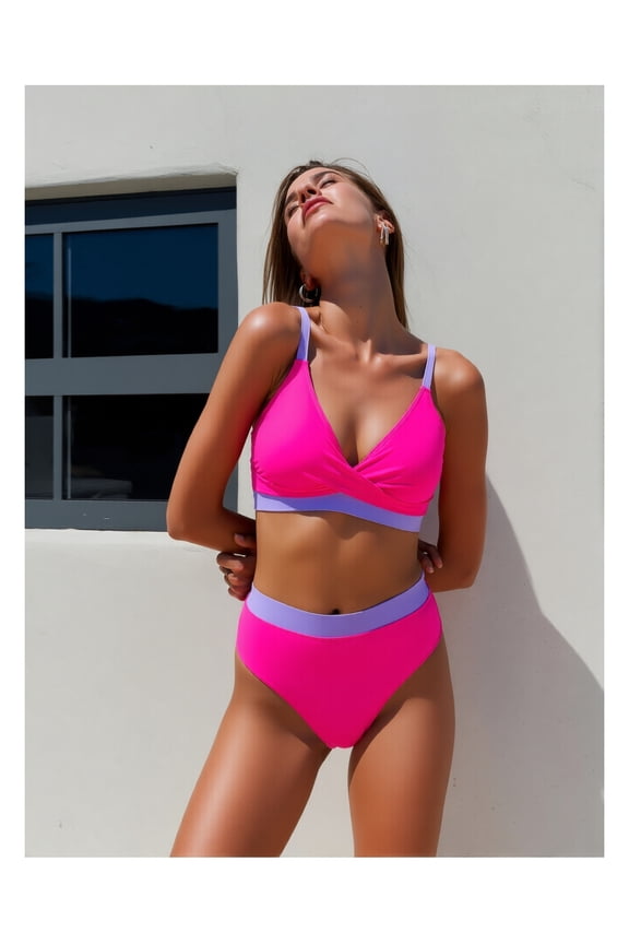 Women's Bikini Set Rose Red & Pink Color Block - High Waisted Two Piece Swimsuit Backless Bathing Suit for Beach, Pool, Spring Break, Summer Vacation