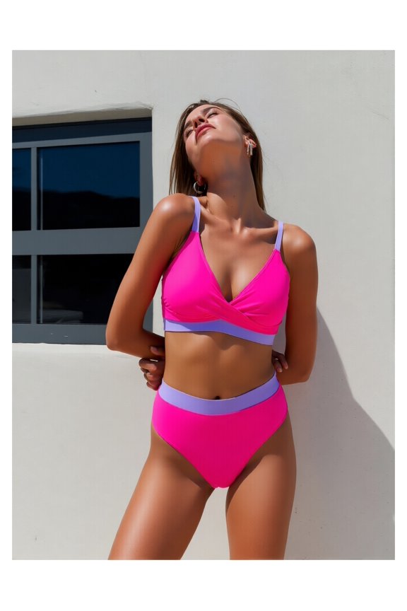 Women's Bikini Set Rose Red & Pink Color Block - High Waisted Two Piece Swimsuit Backless Bathing Suit for Beach, Pool, Spring Break, Vacation