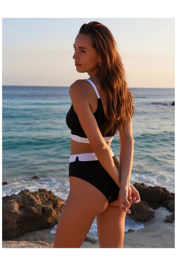 Women's Bikini Set Rose Red & Pink Color Block - High Waisted Two Piece Swimsuit Backless Bathing Suit for Beach, Pool, Spring Break, Vacation