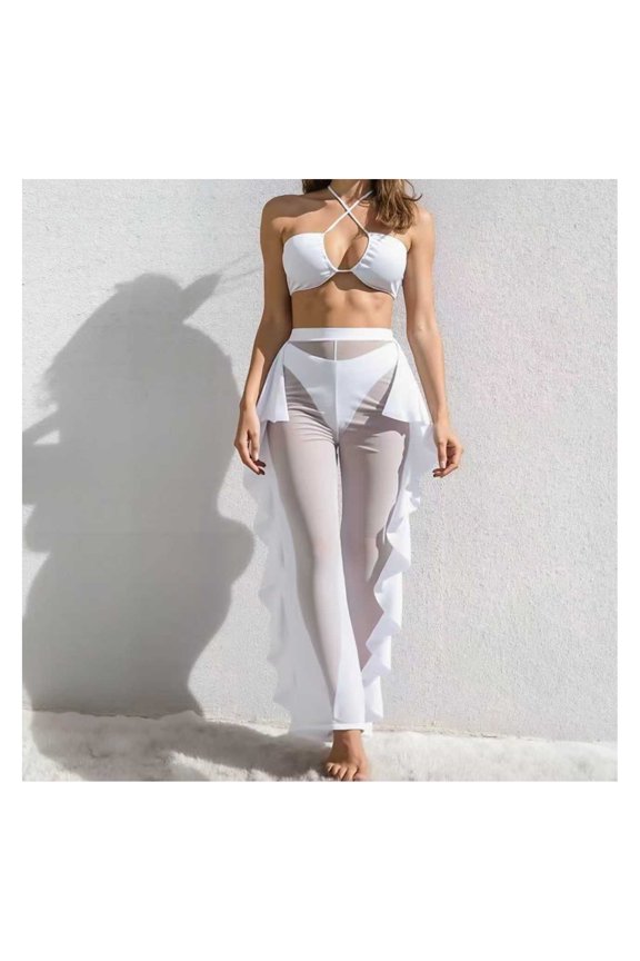 Women's Bikini Set Sheer Ruffle Swimsuit - Halter Crisscross Top & High Waisted Pants - 2 Piece Bathing Suit for Beach, Pool, Vacation - Floral Print