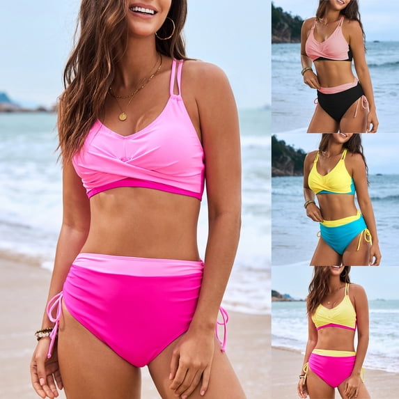 Women's Bikini Set Solid Color Two Piece Swimsuit with Removable Bra Pads No Underwire for Beach Swimming Vacation,Pink,2XL