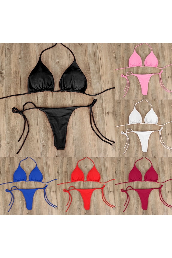 Women's Bikini Set Sports Style String Tie Lingerie Two Piece Swimsuit No Padding for Beach Summer Party,Wine,L