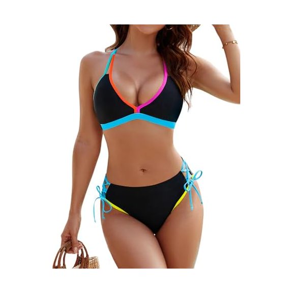 Women's Bikini Set Two Piece Swimsuit Triangle Top String Mid Rise Bottom Cheeky Bathing Suit