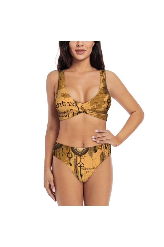 Women's Bikini Set Two Piece Swimsuit with U Back Bathing Suit, Antique World Map Clocks Old