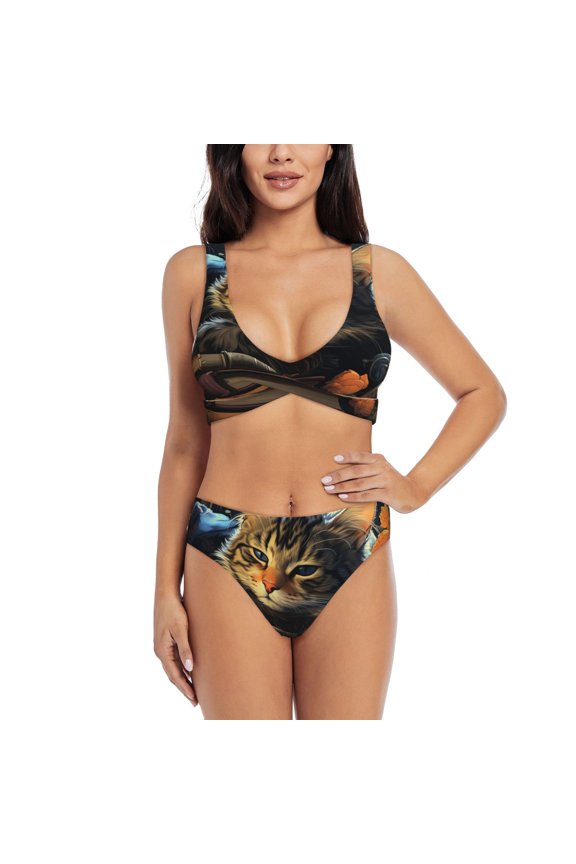 Women's Bikini Set Two Piece Swimsuit with U Back Bathing Suit, Cat Sleeping Bookshelf Books Art