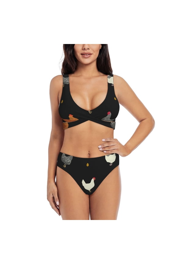 Women's Bikini Set Two Piece Swimsuit with U Back Bathing Suit, Chicken Eggs Cock Pattern Rooster
