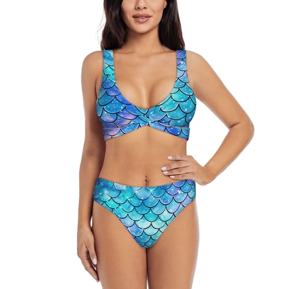 Women's Bikini Set Two Piece Swimsuit with U Back Bathing Suit, Mermaid Scales Fish Scale Blue