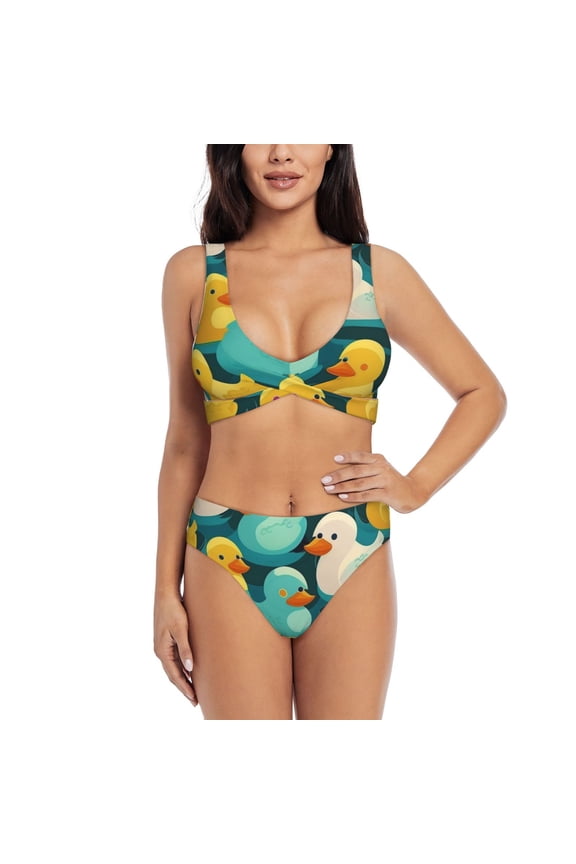 Women's Bikini Set Two Piece Swimsuit with U Back Bathing Suit, Rubber Duck Colorful Cartoon