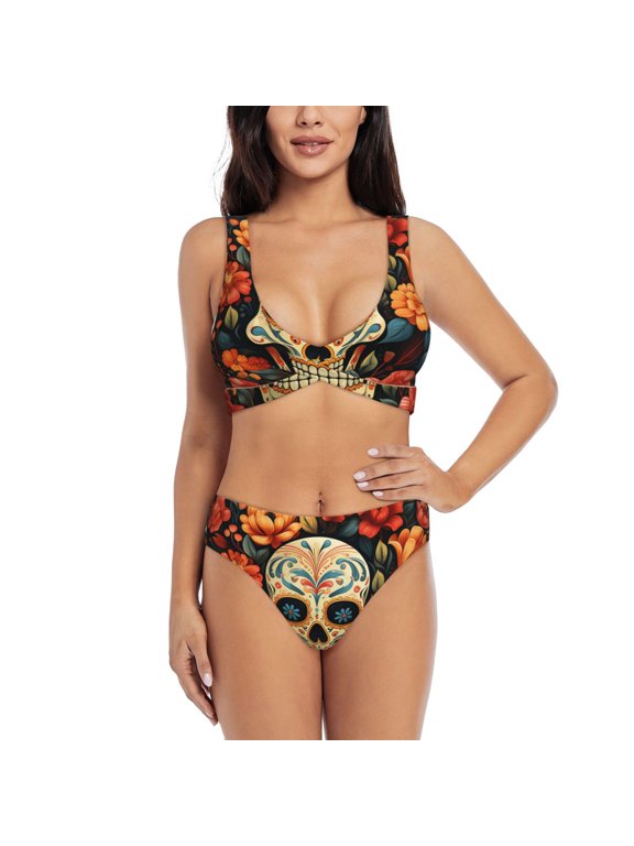 Women's Bikini Set Two Piece Swimsuit with U Back Bathing Suit, Skull Day Of The Dead Gothic Skull Flowers