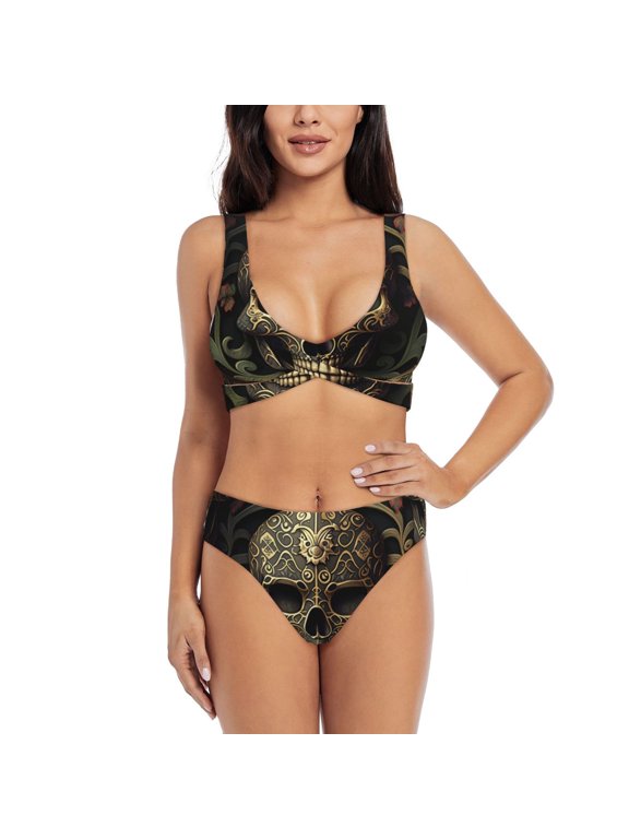 Women's Bikini Set Two Piece Swimsuit with U Back Bathing Suit, Skulls Head Gothic Golden Skull