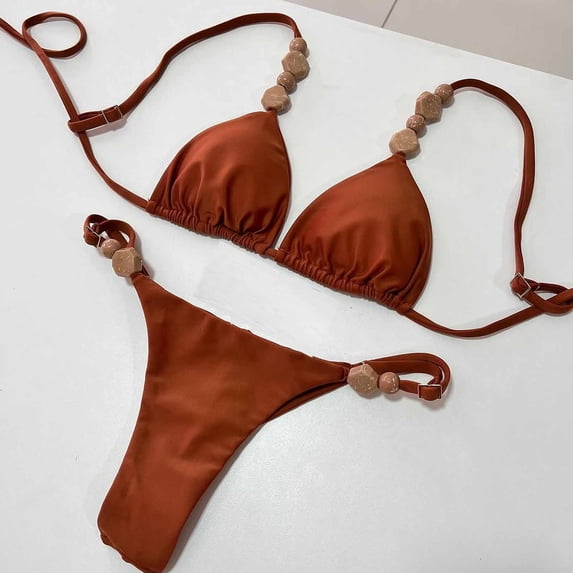 Women's Bikini Sets Beads Triangle Swimsuits 2 Piece String High Cut Cheeky Bathing Suits