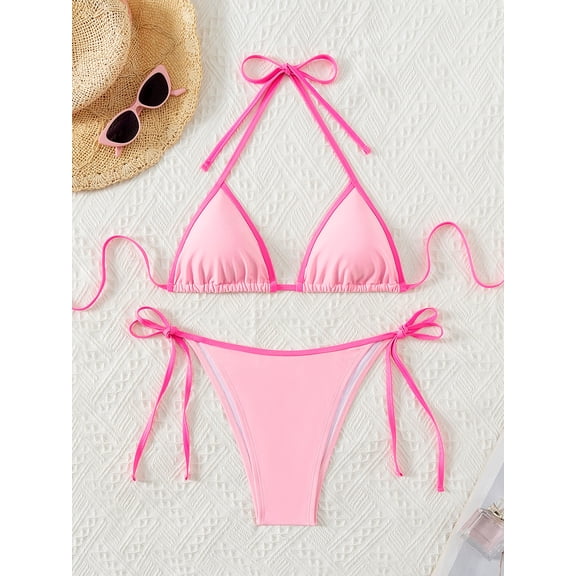 Women's Bikini Sets Halter Neck Crochet Colorblock Two Piece Swimsuits Open Back Sexy High Cut Thong Bathing Suit