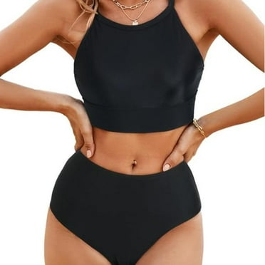 Women's Bikini Sets High Neck Tropical Leaf Print High Waisted Two Pieces Swimsuits Bathing Suits