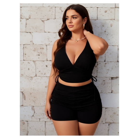 Women's Bikini Sets High Waisted Ribbed Swimsuit Halter Drawstring Ruched Bathing Suit Sexy Two Piece Swimwear for Women Teen Girls