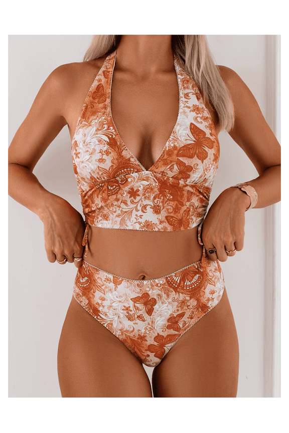 Women's Bikini Sets High Waisted Swimsuit V Neck Twist Front Adjustable Straps Bathing Suit Two Piece Swimwear Summer Beach Pool