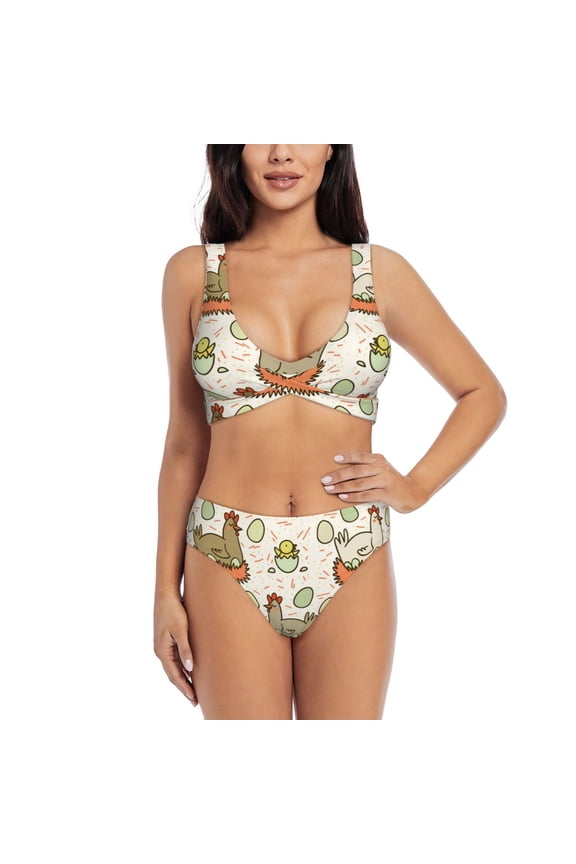 Women's Bikini Sets Sexy Two Piece Bathing Suit Triangle Swimsuits, Funny Chicken Egg Cute Farm