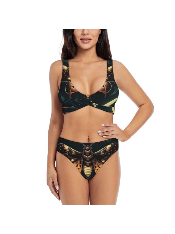 Women's Bikini Sets Sexy Two Piece Bathing Suit Triangle Swimsuits, Hawk Moth Fireflies Death Head Moon