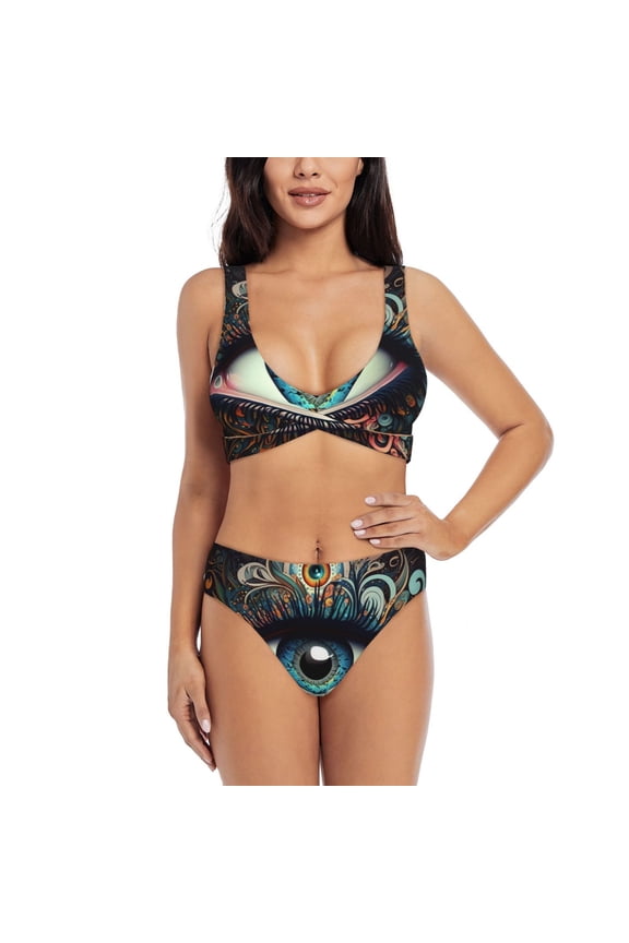 Women's Bikini Sets Sexy Two Piece Bathing Suit Triangle Swimsuits, Magic Evil Eyes Psychedelic