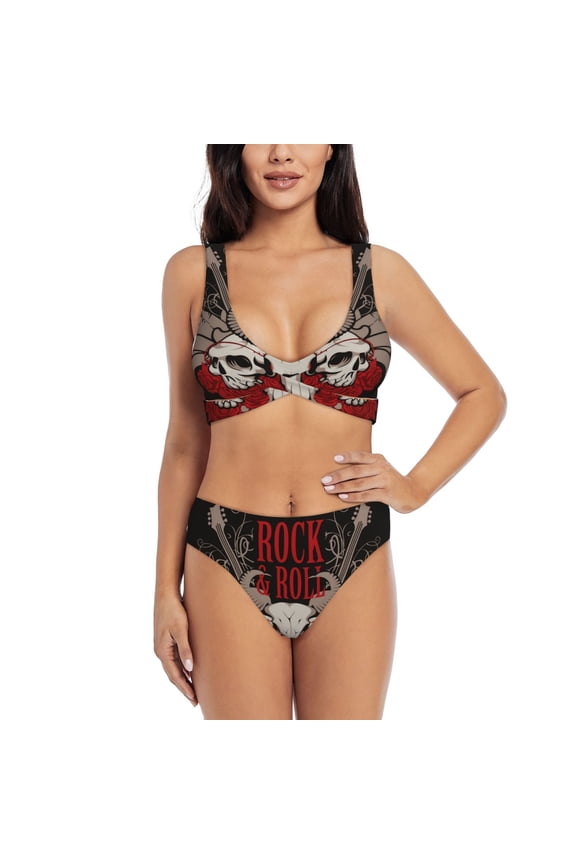 Women's Bikini Sets Sexy Two Piece Bathing Suit Triangle Swimsuits, Rock And Roll Guitar Skull Roses