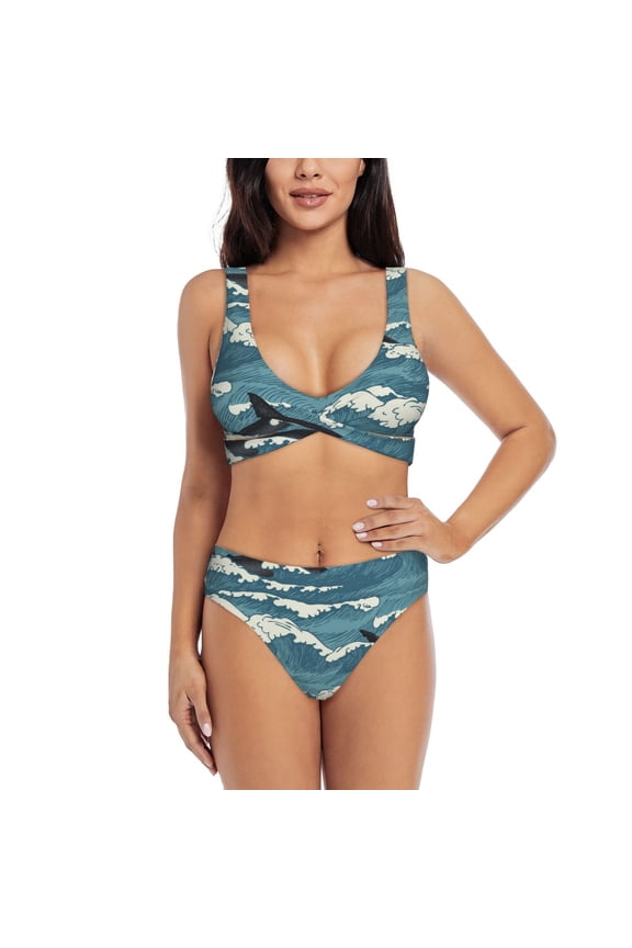 Women's Bikini Sets Sexy Two Piece Bathing Suit Triangle Swimsuits, Sea Waves Shark Vintage