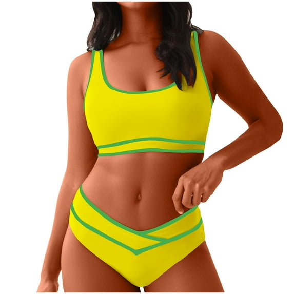 Women's Bikini Sets Sporty Colorblock Two Piece Swimsuit High Waisted Bathing Suits for Women Bikini Swimwear Yellow XL