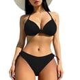 thumbnail image 1 of Women's Bikini Sets Two Piece Halter Swimsuits V Neck Lace Up Bathing Suits Strap Tie Back String High Cut Swimwear Black L, 1 of 4