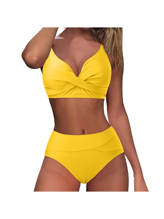 Women's Bikini Sets Two Piece Swimsuit High Waisted V Neck Wrap Front Adjustable Spaghetti Straps Bathing Suit Yellow M