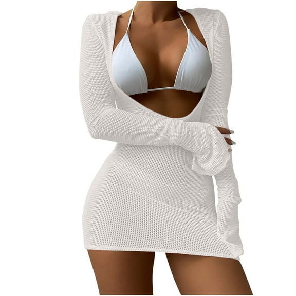Women's Bikini Sets with Mesh Hollow Out Cover Ups Three Piece Trendy Beach Swimsuits White,L