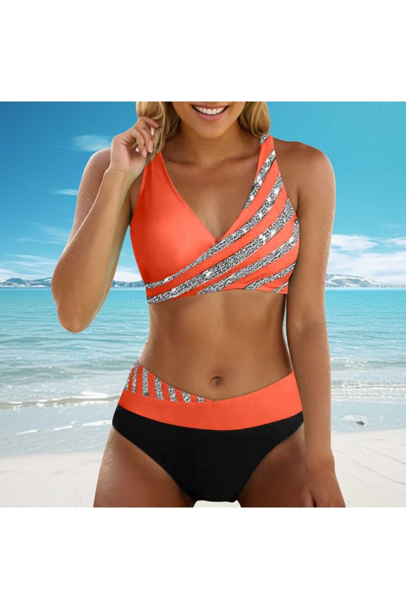 Women's Bikini Split Print Sexy Hot Diamonds Gather Bikini Swimsuit