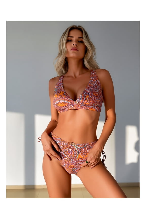 Women's Bikini Swimsuit Allover Print Tie Side Triangle Bottom, Minimalist Two Piece Bathing Suit for Vacation, Casual Beachwear - Stylish & Comfortable