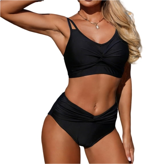 Women’s Bikini Swimsuit Two Piece High Waisted Ruched Bottom, Twist Front Crop Top, Bikini Set Swimwear Black M