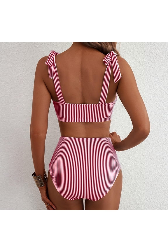 Women's Bikini Swimsuits High Waisted Ribbed Striped Bow Strap Two Piece Swimsuit Scoop Neck High Cut Bathing Suit Red S