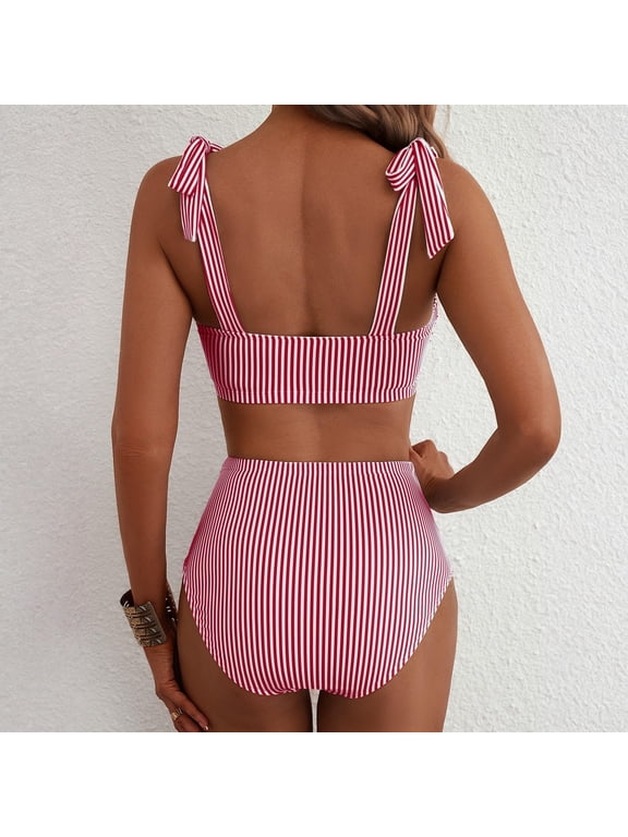 Women's Bikini Swimsuits High Waisted Ribbed Striped Bow Strap Two Piece Swimsuit Scoop Neck High Cut Bathing Suit Red S