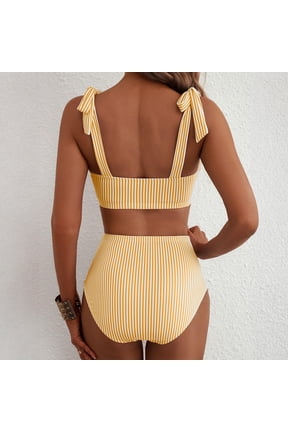 Women's Bikini Swimsuits High Waisted Ribbed Striped Bow Strap Two Piece Swimsuit Scoop Neck High Cut Bathing Suit Yellow S