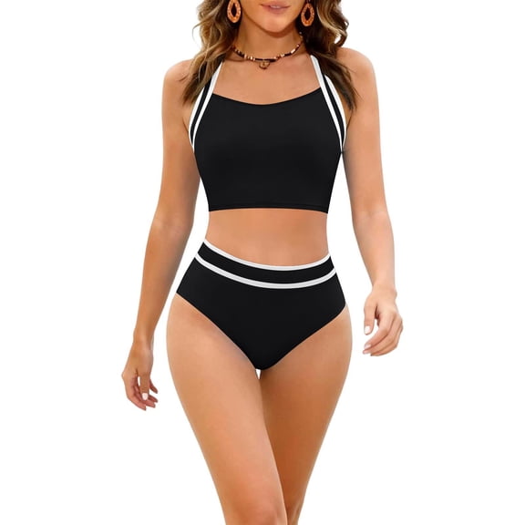 Women's Bikini Swimsuits Sevevn Women's High Waisted Bikini Sets Two Piece Swimsuits Sporty Tummy Control Bathing Suit Color Block Swim Suit Black XXL