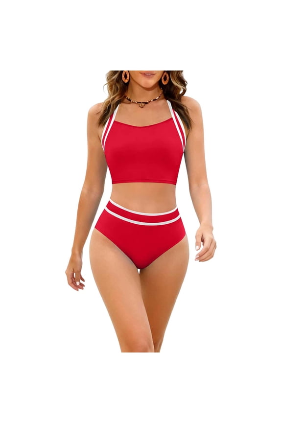 Women's Bikini Swimsuits Sevevn Women's High Waisted Bikini Sets Two Piece Swimsuits Sporty Tummy Control Bathing Suit Color Block Swim Suit Red XXL