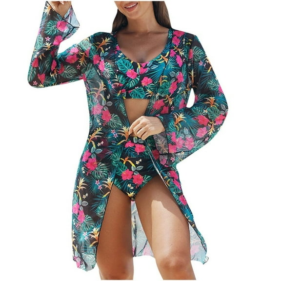 Women's Bikini Swimsuits Sexy 3 Piece Hawaiian Bathing Suits Tummy Control Straps Swimsuits Beach Kimono Cardigans