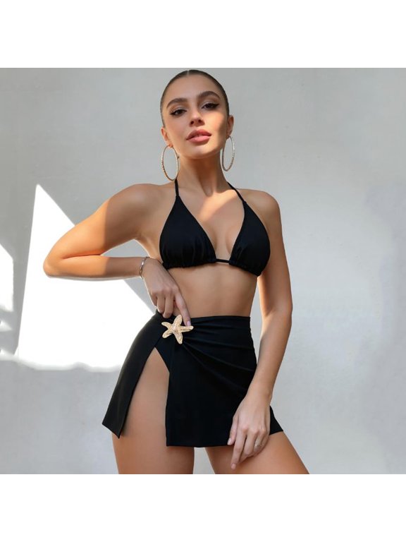 Women's Bikini Swimsuits, Tie Side High Waist Split Three Piece Bikini Set Sexy Beach Swimwear Black XS