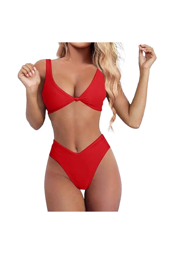 Women's Bikini Swimsuits Two Piece Bathing Suits for Women Bikini Set for Women Solid V Neck Knot Front Push Up High Leg Thong Two Piece Swimsuit