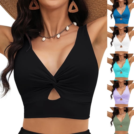 Women's Bikini Top Fashion Hollow Out Solid Color with Removable Bra Pads No Underwire for Mix and Match Beach Wear,Black,L