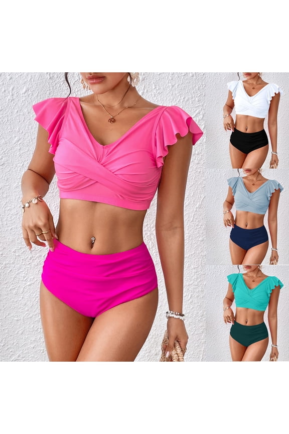 Women's Bikinis Bathing Suits Ruffled Sleeves Modest Slim Fitted Push Up Tops Stretchy Breathable Comfortable Split 2 Piece Swimsuits Sets