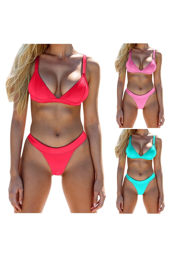 Women's Bikinis Bathing Suits Spaghetti Straps Bandeau Bras V-Strings Soft Stretch Breathable Beach Vacation Swimwear 2 Piece Swimsuits Sets