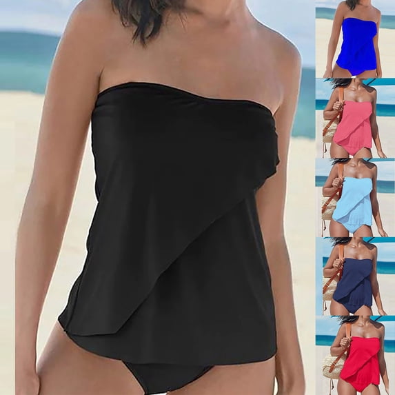 Women's Bikinis Bathing Suits Strapless Padded Cups Tank Tops Seamless Panties Stretchy Breathable Split 2 Piece Bandeau Tankini Swimsuits