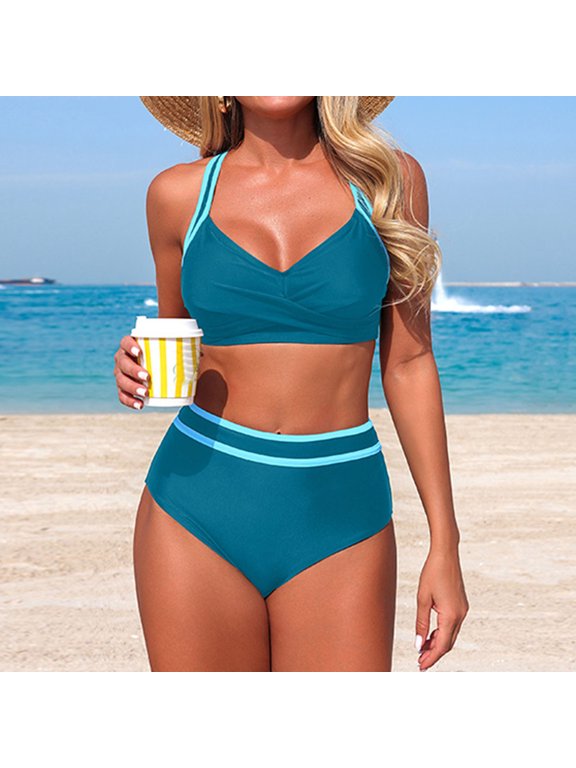 Women's Bikinis Set High Waisted Solid Ladies Bikini Set Push Up Vintage Beachwear Bikini Top Pleated Tummy Control Tropical Beach Wear Sky Blue S
