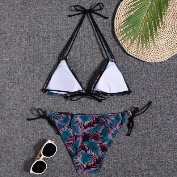 Women's Bikinis Tropical Print Two Piece Bikini Set Tie Side Halter Bathing Suits Summer Beach Vacation Swimsuit for Women Multicolor-4 L