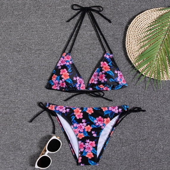 Women's Bikinis Tropical Print Two Piece Bikini Set Tie Side Halter Bathing Suits Summer Beach Vacation Swimsuit for Women Multicolor-6 M